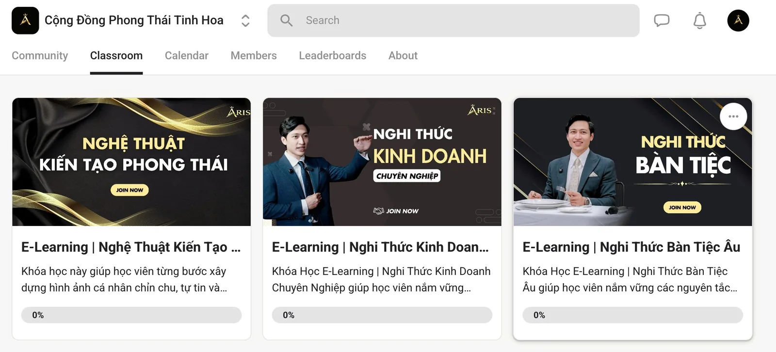 Giao diện các khóa học trong Cộng Đồng Phong Thái Tinh Hoa